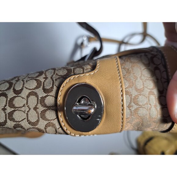 Coach F11526 Khaki Signature C Jacquard Tan Leather Straps Handbag 10.5x9.5x4 - Picture 5 of 13